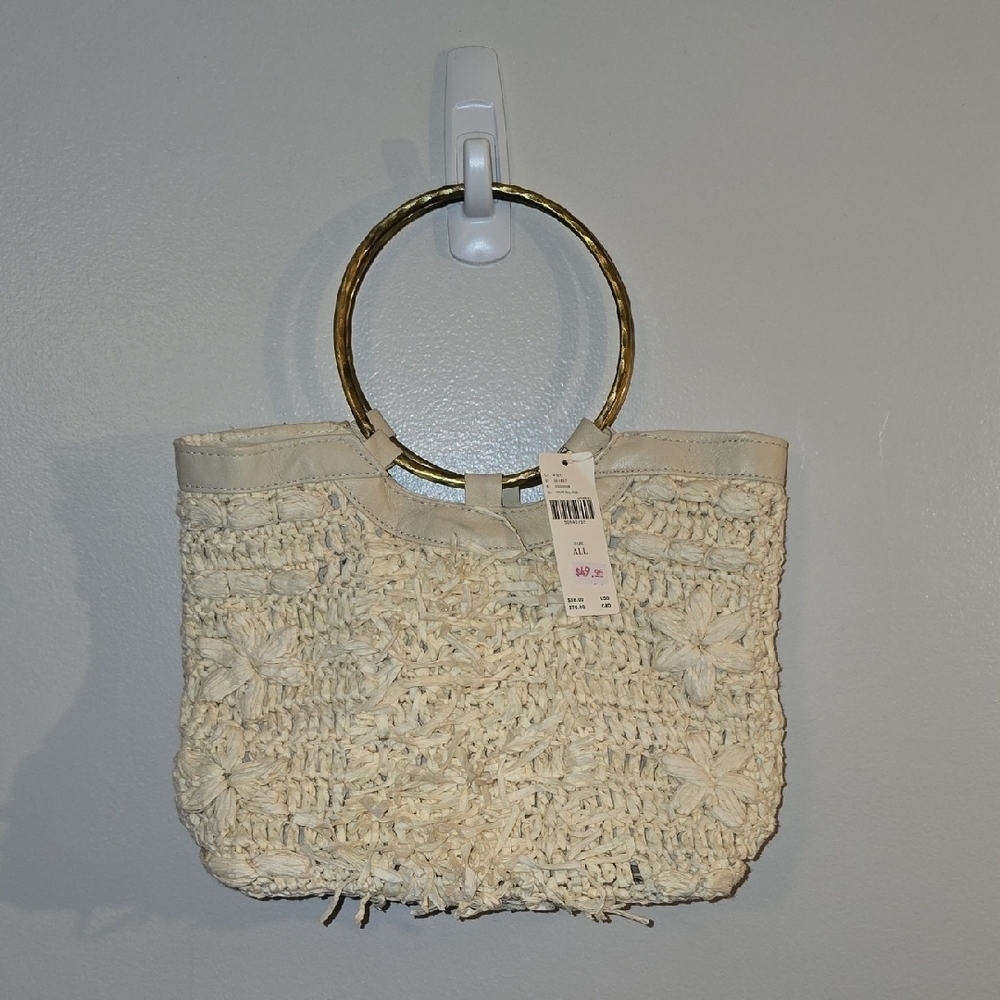 Anthropologie Beige Textured Tote with Gold Ring Handles NWT LOT-Q